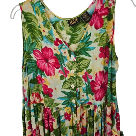 Vtg Bila Tropical Green Button Down Dress Midi Length Floral Colorful Beach S - Picture 4 of 13
